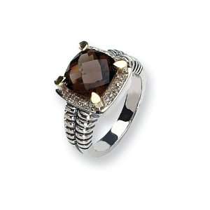    Sterling Silver w/14k Diamond & Smokey Quartz Ring Size 7 Jewelry