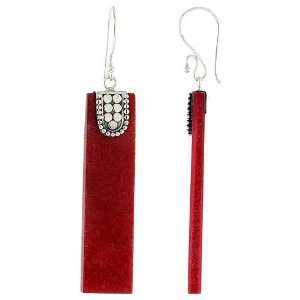   Silver Beaded Bar Natural Red Coral Earrings 1 11/16 (42mm) Jewelry