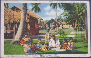 1934 Linen Postcard Seminole Indian Canoe Making Lesson  