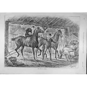   1891 Rain Riding Riders Shelter Barn Horses Chickens