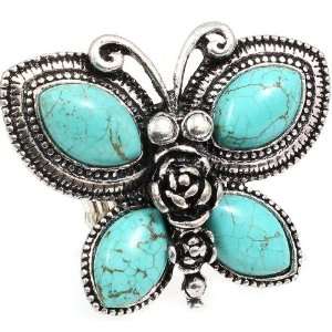  Large 2 Vintage Inspired Turquoise Butterfly Burnished Silver Ring 
