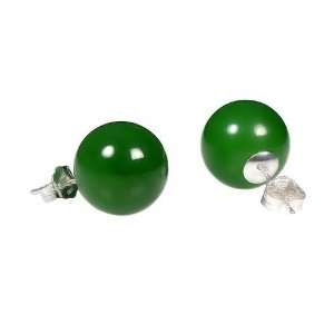   Silver 12mm Natural Nephrite Green Jade Ball Stud Post Earrings