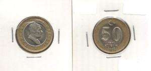 TURKEY BIMETALLIC COIN 50 YENI KURUS YEAR 2005 AU  