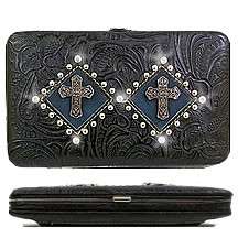 Black Turquoise Western Cross Handbag Flat Wallet Set  