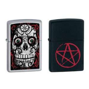  Zippo Lighter Set   Scary Pentagram Skull and Red Black 