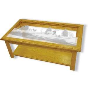 Solid Oak Coffee Table with Etched Glass Elk Top Rectangle  