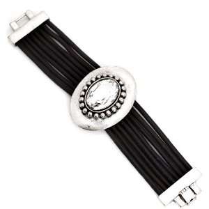 Gemstone Fashion Bracelet; 8.5L; Black Band; Burnished Silver Metal 
