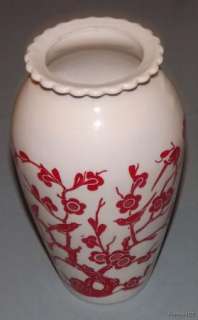Vintage Large Decorative White & Red Birds Glass Flower Vase / Jar 
