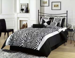 7pcs Black White Safari Zebra Printed Comforter Set Bed in a bag Queen 