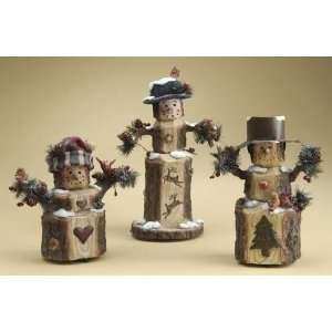  Set of 3 Wind Up Musical Woodland Bark Snowman Figurines 